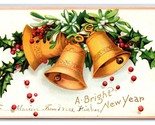Gold Bells Holly Mistletoe New Years Embossed UNP DB Postcard Q22 - $3.91