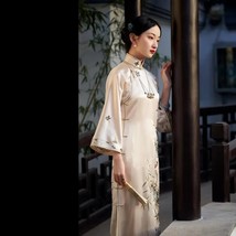 Chinese Traditional Qipao Crane Bamboo  Satin Printing Stand Collar Large Sleeve - £95.12 GBP