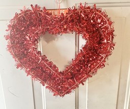 Red Tinsel Heart Shaped Valentines Day Wreath Hanging Wall or Door Decor... - $14.01 CAD