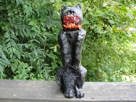 Paper Mache Black Cat Candy Container Halloween Decoration Primitive Fol... - £35.53 GBP