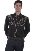 Men&#39;s Western Shirt Long Sleeve Rockabilly Country Cowboy Black Floral Scrolls - £70.22 GBP