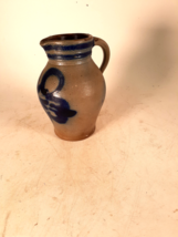 Vintage Stoneware Pitcher, Cobalt Decorated, 8&quot; Tall, Very Nice - $29.57