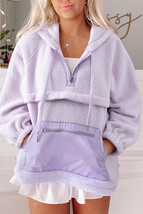 Lavendula Zipped Patch Pocket Fuzzy Drawstring Hoodie - $51.99