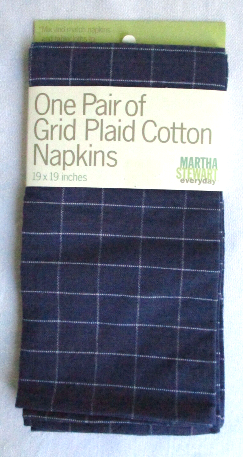Martha Stewart Everyday 19" Blue Grid Plaid Cotton Napkin Set of 2 INDIA NEW - $9.49