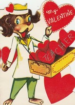 Vintage Valentine Card Dog Vendor Sells Hearts Glitter Die-Cut for Teacher - £6.30 GBP
