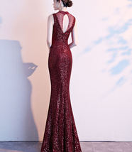 Burgundy Sequin Maxi Dress Gowns Women Custom Plus Size Deep-V Sequin Dress image 8