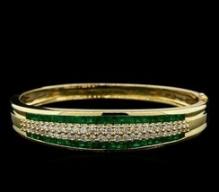 Antique 7.50CT Emerald &amp; Diamond Bangle 7.5&quot; Bracelet 18KT Yellow Gold Over - £147.19 GBP