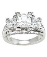 3 CT Sterling Silver Rhodium Finish CZ Princess Antique Style Wedding Ring - $1,691.66 MXN
