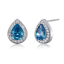 1Ct Pear Cut Created Halo Blue Topaz 925 Sterling Silver Stud Earrings Gold Over - £64.75 GBP