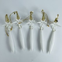 VTG Christmas Ornaments Gold White Icicles Ice Snow Crystals 5” Lot of 5... - $13.67