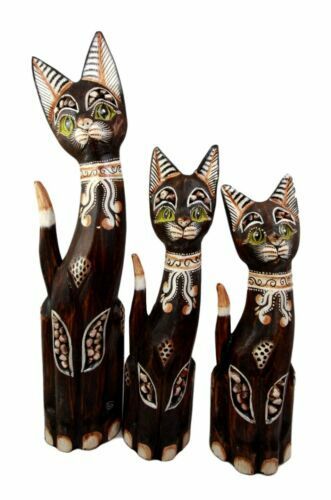Balinese Wood Handicraft Green Eyed Feline Cat Family Set of 3 Figurines... - $46.99