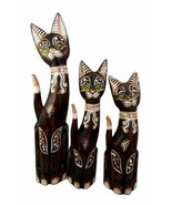 Balinese Wood Handicraft Green Eyed Feline Cat Family Set of 3 Figurines... - $64.40 CAD