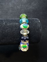 Silver Tone Snake Chain Bracelet With Multi-Colored Large Hole Beads (3948) - $15.00