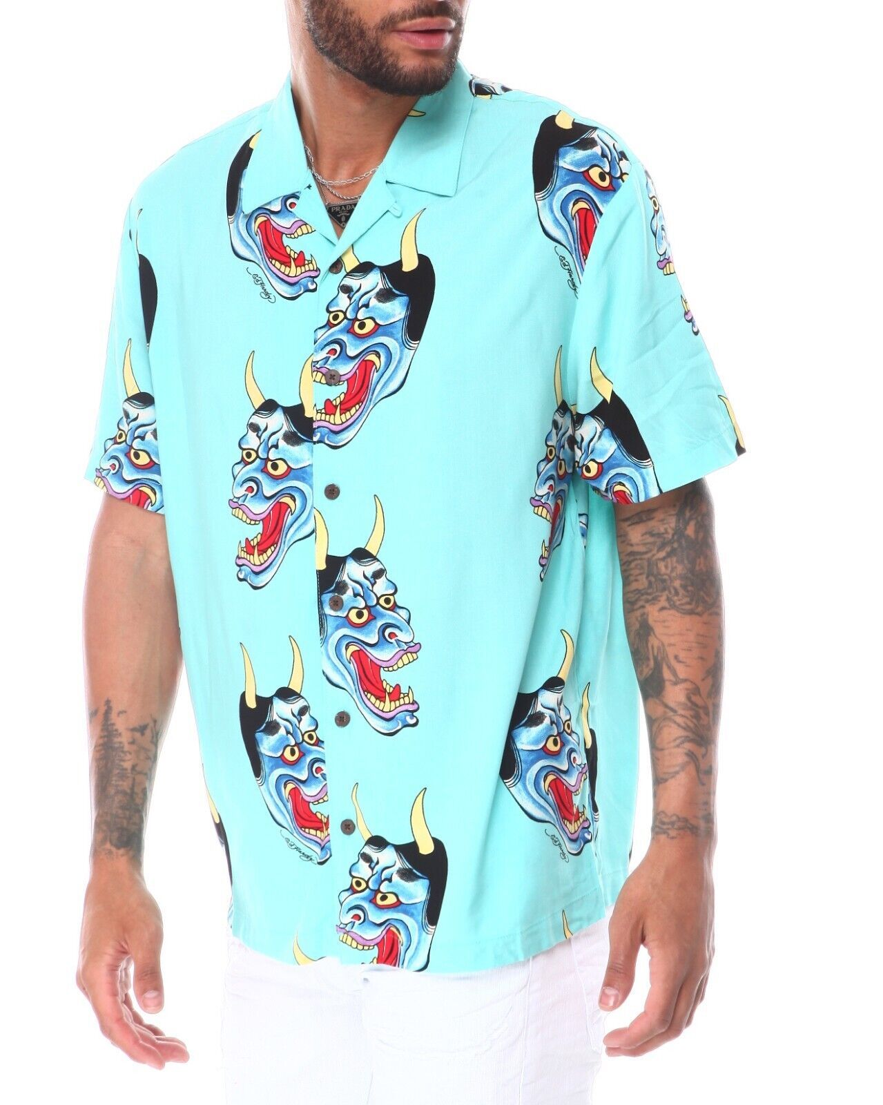 Ed Hardy Devil Face Button Down Camp Shirt Aqua ( S )  - $80.16