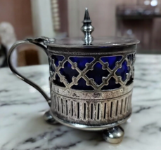 EPNS Silver Plated Pierced Mustard Pot with Cobalt Blue Glass Liner Hinged Lid - $22.05