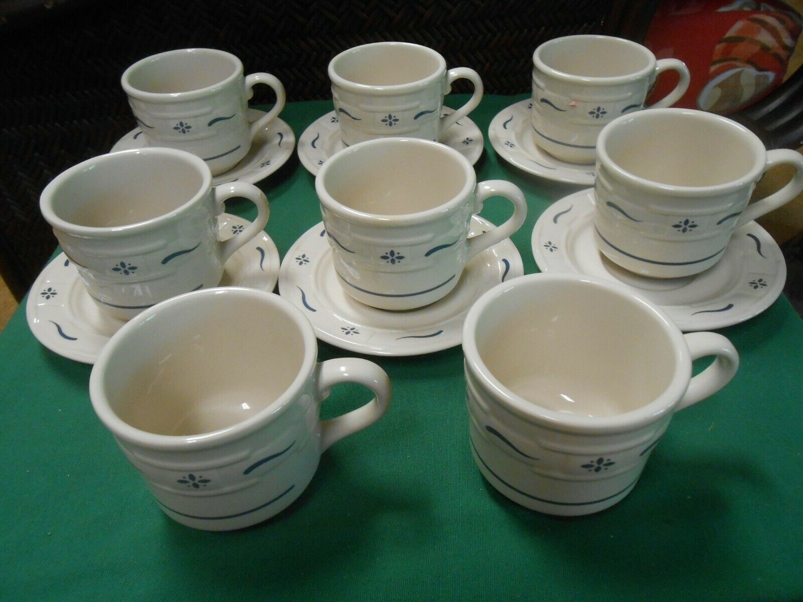 Primary image for Outstanding LONGABERGER Pottery "Classic Blue"  6 CUPS & SAUCERS & 2 FREE Cups