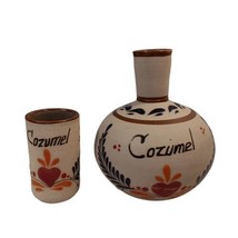 Cozumel Mexico Clay Pottery Souvenir Cup &amp; Water Jug Glazed Handmade/Pai... - £14.61 GBP