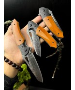 Hand-Forged Damascus Steel Pocket Knife Ceramic Ball Bearing Cow Bone Handle - $85.14