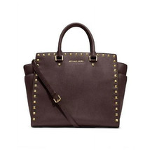 Michael Kors Selma Large Stud Satchel Handbag Coffee Brown Leather $428 ... - $98.99