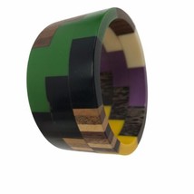 Vintage Bracelet Chunky Plastic and Wood inlaid checks Bangle Mod Geo colorful - £27.65 GBP