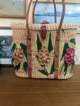 Vintage Straw Tote Woven Bag Beach raffia Purse Large floral 70s Palm Ro... - £47.40 GBP