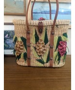 Vintage Straw Tote Woven Bag Beach raffia Purse Large floral 70s Palm Ro... - £47.54 GBP