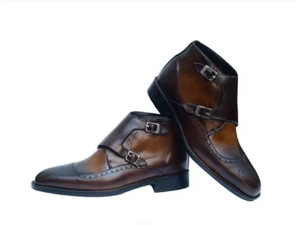 Handmade Men Shaded Brown Leather double monk boots, Ankle Boots, Brogue... - $169.99