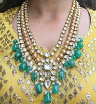 VeroniQ Trends-Indian Kundan/Polki Necklace Set in Multilayer Pearls,Emeralds - £59.26 GBP