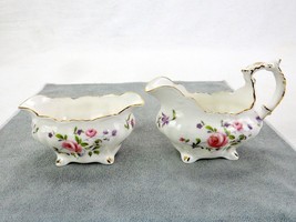 Porcelain Creamer &amp; Sugar Bowl, Ribbed Body, Rose Pattern, Scalloped Gold Rims - £19.37 GBP