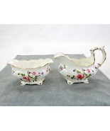 Porcelain Creamer &amp; Sugar Bowl, Ribbed Body, Rose Pattern, Scalloped Gol... - $33.44 CAD