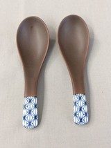 Lot 2 Rice Soup Spoons Asian Brown Blue White Design - $12.16