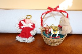Lot 2x Vintage Christmas Angel Wooden Head Wicker Basket Rocking Horse O... - $177.47 MXN