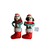 Lot 2x Vintage Cute Puppy Dog Santa Hat Stocking Christmas Ornament Felt... - $14.20