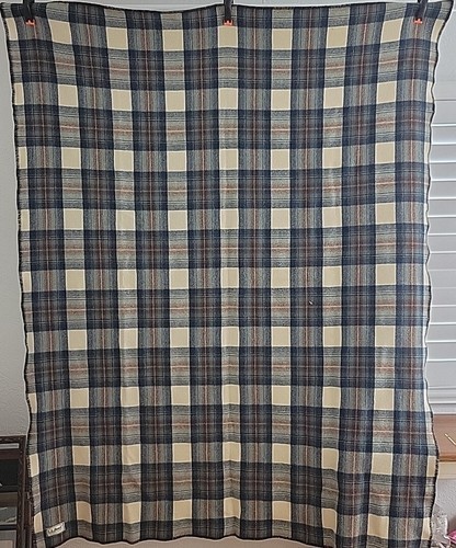 Wool Blanket LL Bean Blue Plaid Cabin Cottage Camp 80" x 62" Brown Tiny Hole EVC Item image 3