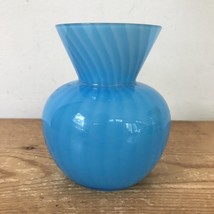 Vintage Handblown Powder Baby Blue Glass Striped Flower Vase Water Pitcher 4.25&quot; - £31.28 GBP