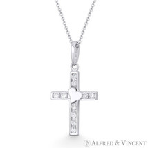 Heart &amp; Christian Cross CZ Crystal 20x10mm Love Pendant in Solid 14k White Gold - £50.32 GBP+