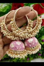 Bollywood Indian Pearl Enameled jhumka Jhumki Earrings Light Magenta Jewelry Set - £22.76 GBP