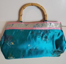 Womens Purse Cheongsam Blue Asian Wooden Handle Magnetic Vintage - $44.09