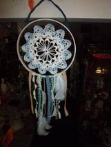 FREE SHIP Handmade vintage Dreamcatcher dreams of Blue feathers repurposed items - £31.78 GBP