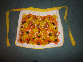 vintage handmade apron terry cloth orange yellow brown green 1970&#39;s flower desgi - £9.59 GBP