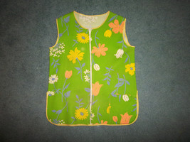 vintage handmade apron smock zippered front Lime green with yellow purpl... - £9.50 GBP