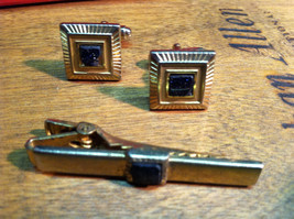 Vintage cuff links and tie clasp bar gold metal and black sparkly stones... - $10.00