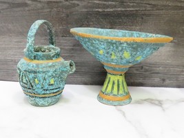2 Vtg Mid Century Modern Italian Blue Pottery Venetian Stem Vase Bowl &amp; Pitcher - £74.38 GBP