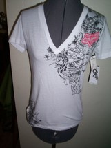 WOMENS FOX RACING V-NECK SCRIBBLE TEE T SHIRT WHITE W/ BLACK DESIGNS NEW... - $14.99