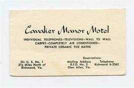 Cavalier Manor Motel US 1 North Richmond Virginia Business Card &amp; Mileage Chart  - £9.49 GBP