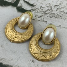 Gold Toned Stud Earrings Faux Pearl Accents Art Deco Fashion Jewelry - £6.31 GBP