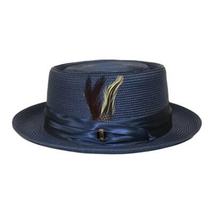 Men's Bruno Capelo RAFAELE Braid Straw Pork Pie Hat Telescope Crown RF-402 Navy image 5