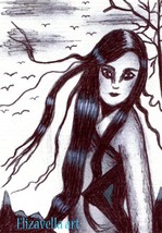 Windy day woman original aceo art pen ink drawing atc mini card art Elizavella - £6.24 GBP