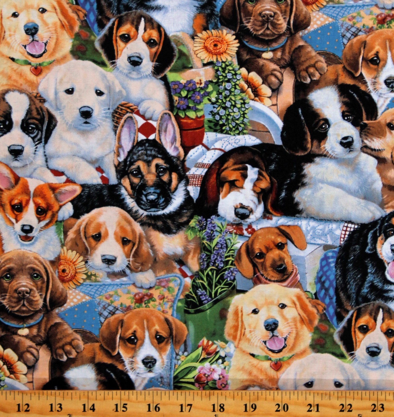Cotton Garden Puppies Puppy Dogs Pets Animals Fabric Print by the Yard D... - $10.95