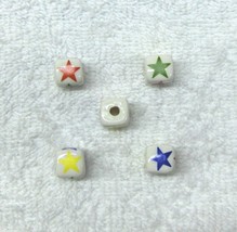 Ceramic 12mm Cube Beads with Colored Stars 36 pcs. No Metal, White - £9.74 GBP